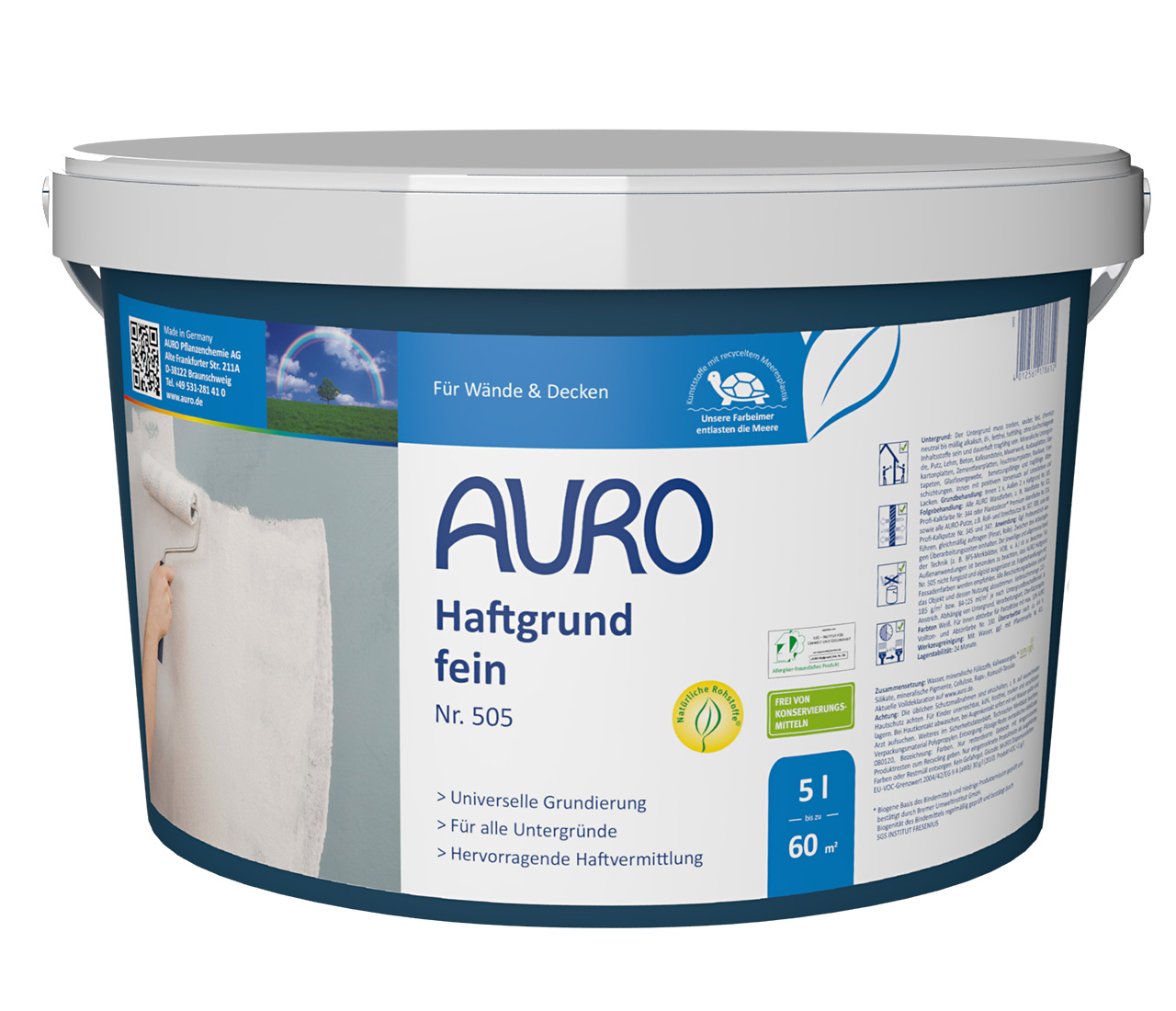 AURO Haftgrund, ince No. 505, beyaz etiketli 5 litrelik ambalajda, ürün detayları görünür