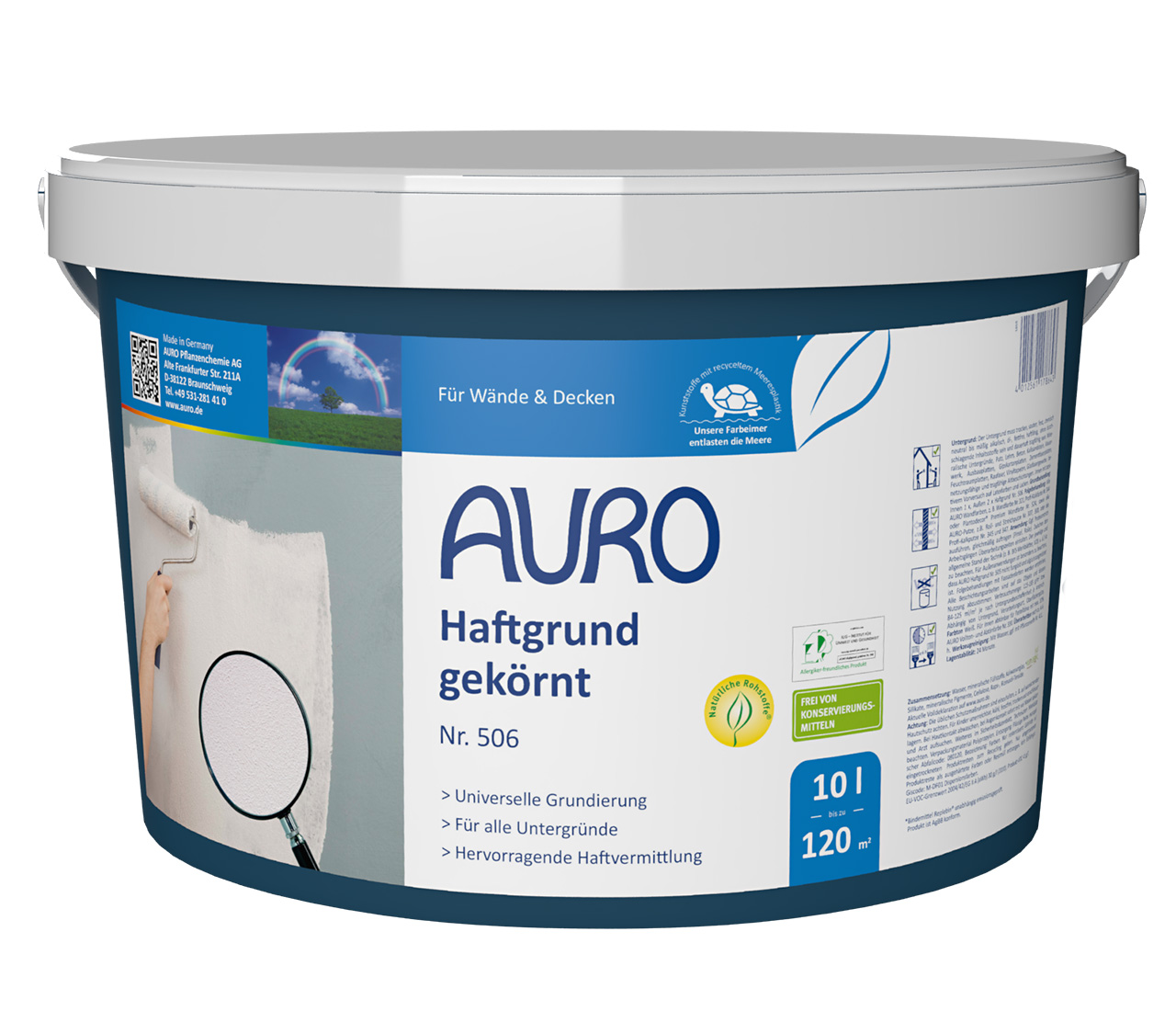 10 litrelik ambalaj AURO Tutunma Astarı, taneli No. 506, beyaz etiketli ve REPLEBIN® logolu