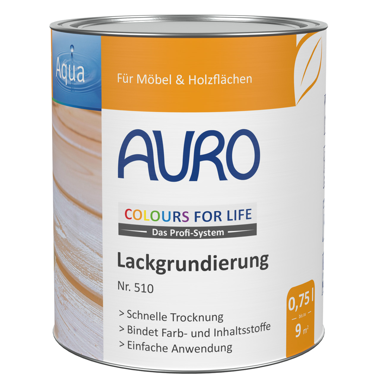 AURO Lake Astarı No. 510, 0,75 litrelik kutuda, beyaz etiketli, DIN 53160'a göre test edilmiş