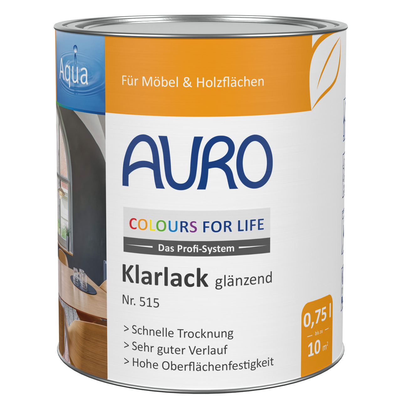 AURO COLOURS FOR LIFE Şeffaf Lake, parlak No. 515 – beyaz etiketli ve DIN kontrol işaretli 0,75 litre kutu
