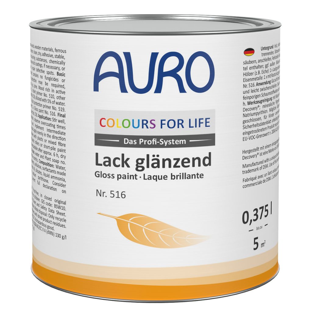 AURO COLOURS FOR LIFE Vernik, parlak No. 516, beyaz etiketli ve kalite mühürlü 0,375 litre kutuda