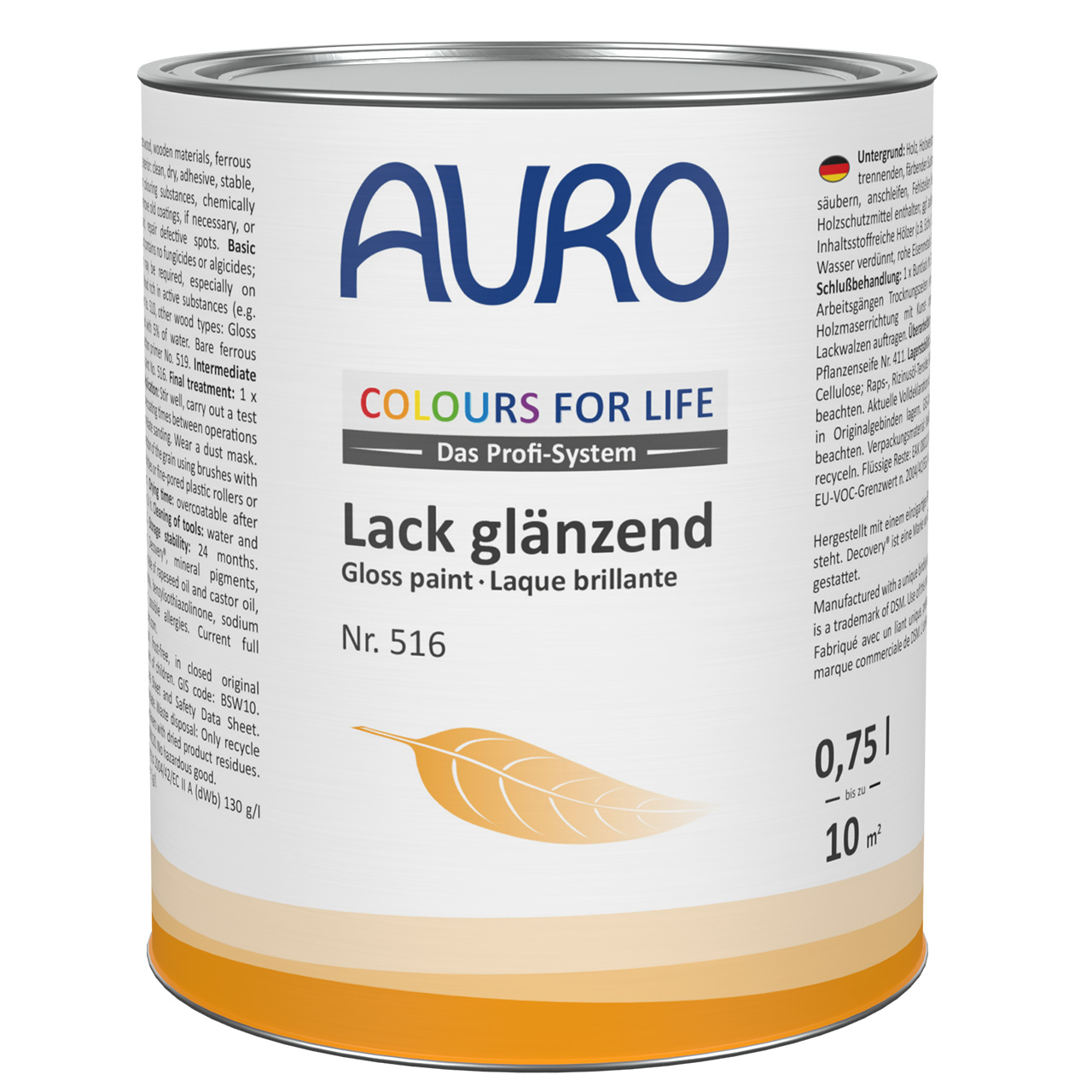 AURO COLOURS FOR LIFE Vernik, parlak No. 516, beyaz etiket üzerinde mühürlü 0,75 litre kutuda