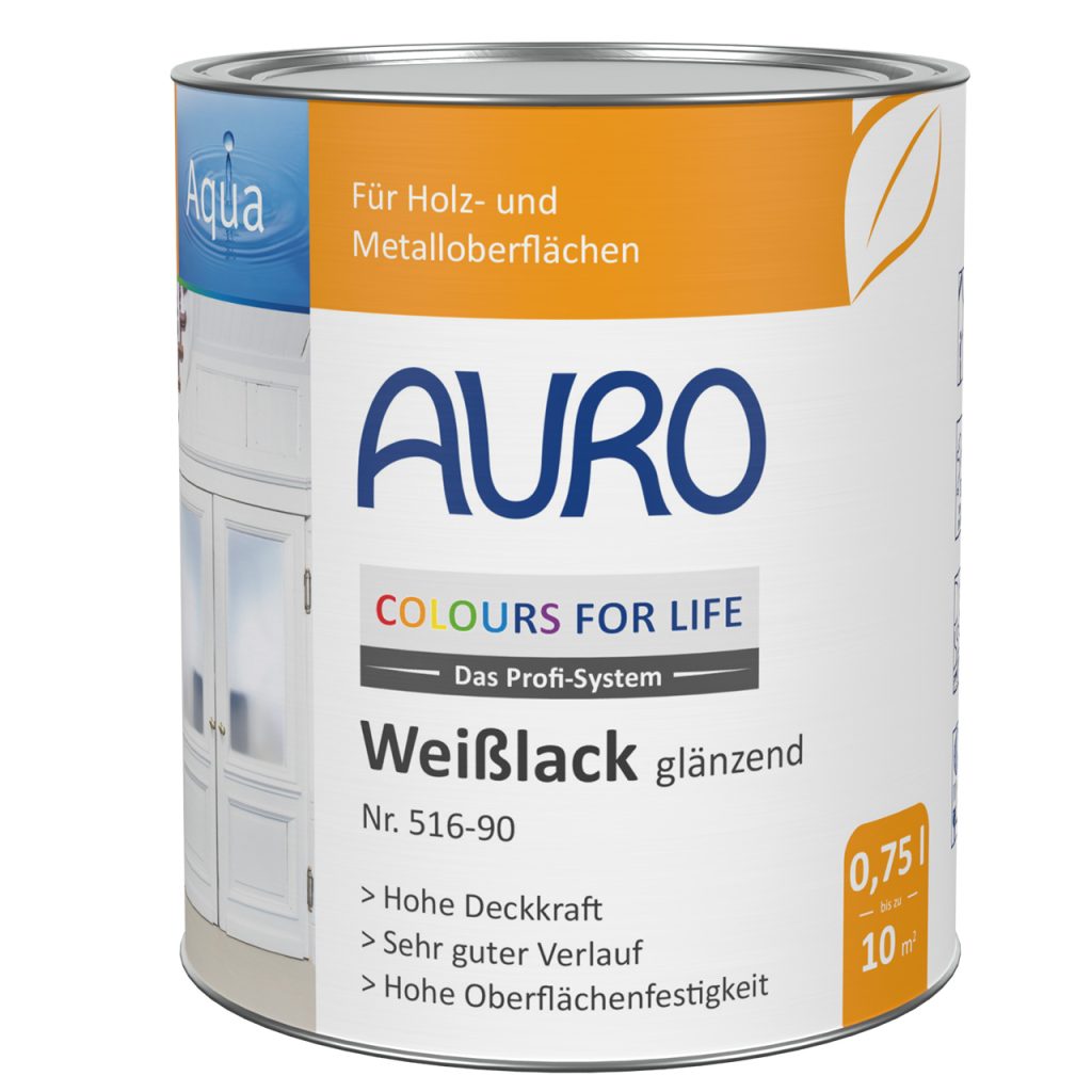 AURO COLOURS FOR LIFE Beyaz Lake, parlak No. 516-90, 0,75 litre kutu, beyaz etiket üzerinde mühürlü