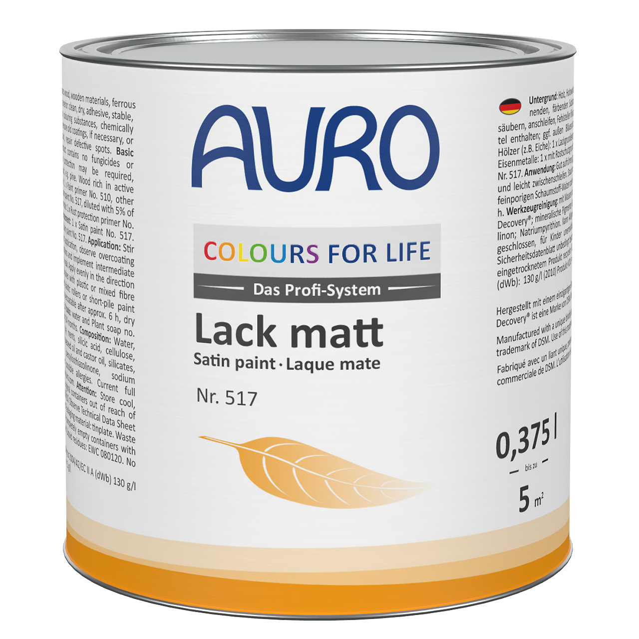 AURO COLOURS FOR LIFE Vernik, mat No. 517, beyaz etiketli 0,375 litre kutuda