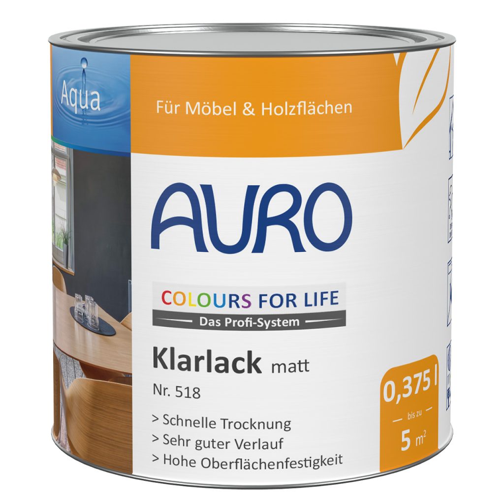 AURO COLOURS FOR LIFE Şeffaf Vernik, mat No. 518, beyaz etiketli ve ürün işaretli 0,375 litre kutuda