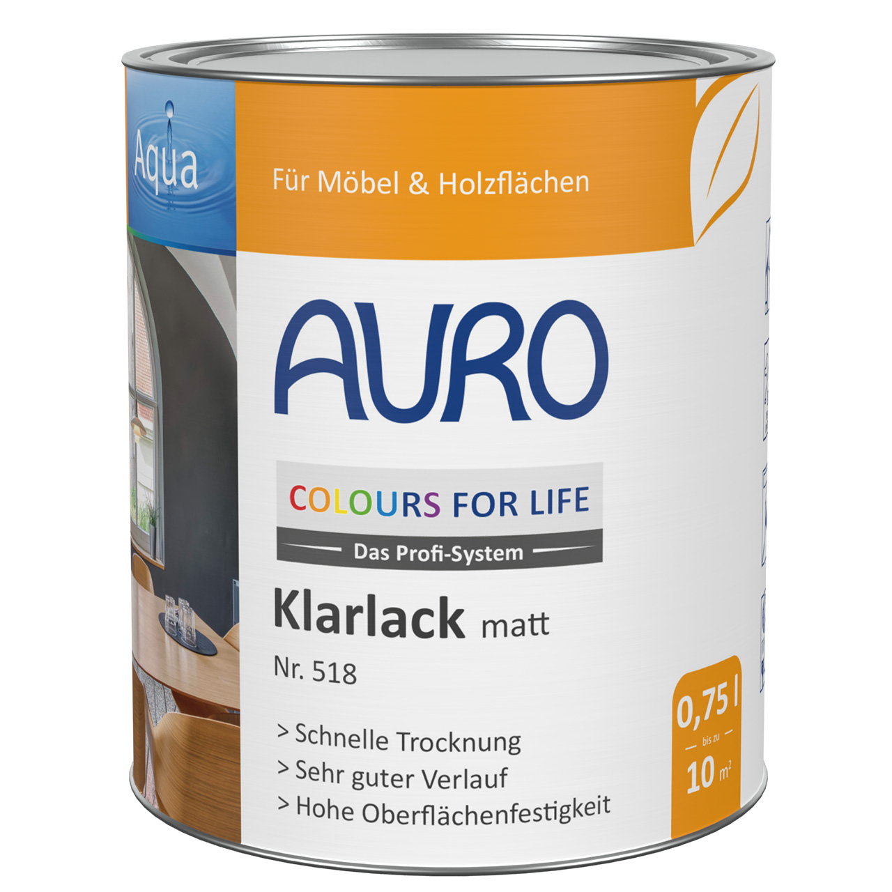 AURO COLOURS FOR LIFE Şeffaf Vernik, mat No. 518, beyaz etiketli ve oyuncak normu uyarılı 0,75 litre kutuda
