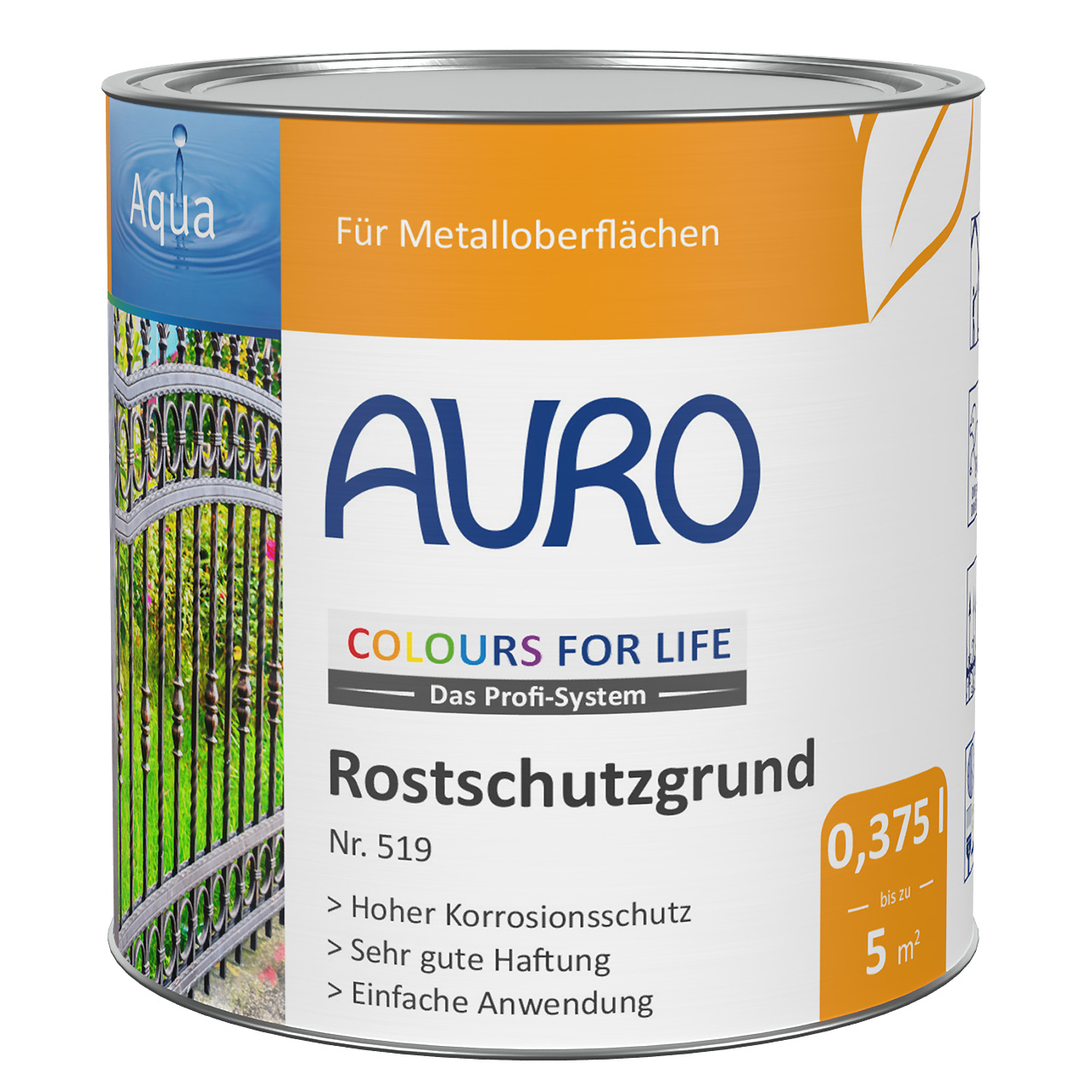 AURO COLOURS FOR LIFE Pas Önleyici Astar No. 519, etiketli ve görünür kalite mühürlü beyaz 0,375 litre kutuda
