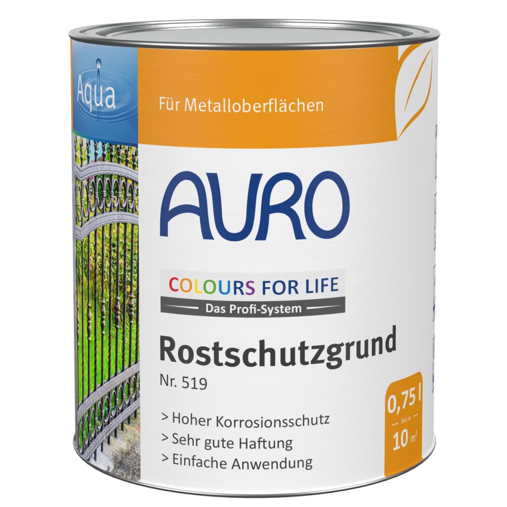 AURO COLOURS FOR LIFE Pas Önleyici Astar No. 519, etiket, ürün metni ve mührü iyi görünür beyaz 0,75 litre kutuda