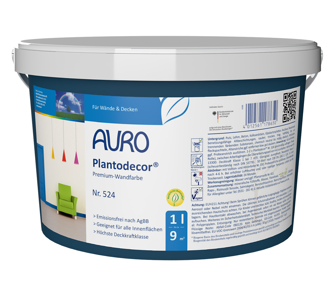1 litre ambalaj AURO Plantodecor® No. 524 Duvar Boyası, beyaz etiketli ve test mühürlü