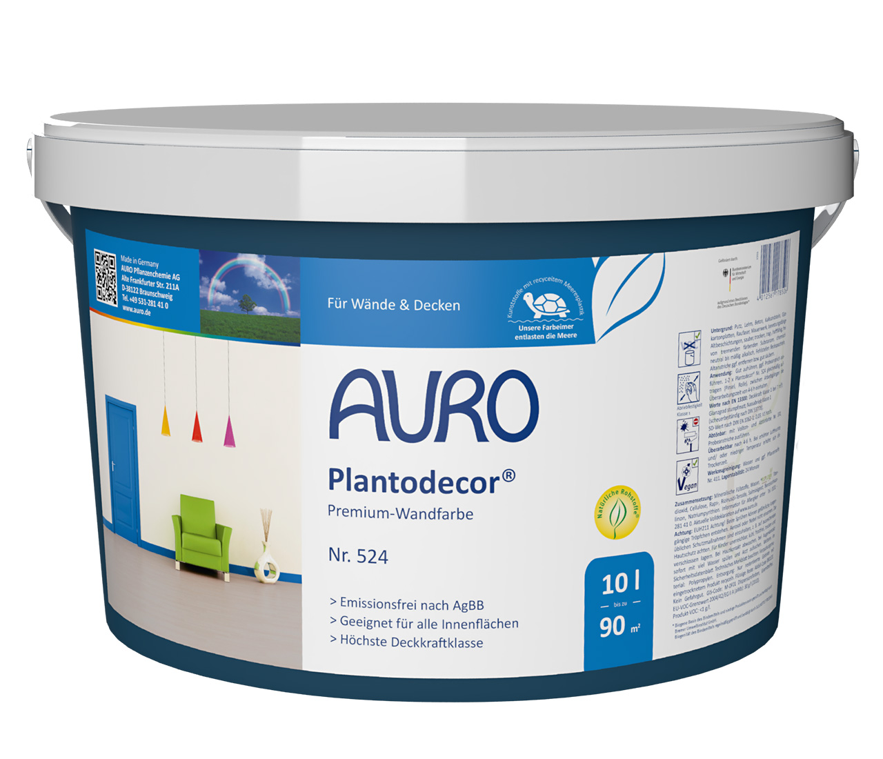 Büyük 10 litrelik ambalaj AURO Plantodecor® No. 524 Duvar Boyası, REPLEBIN® ve test değerlendirmesiyle