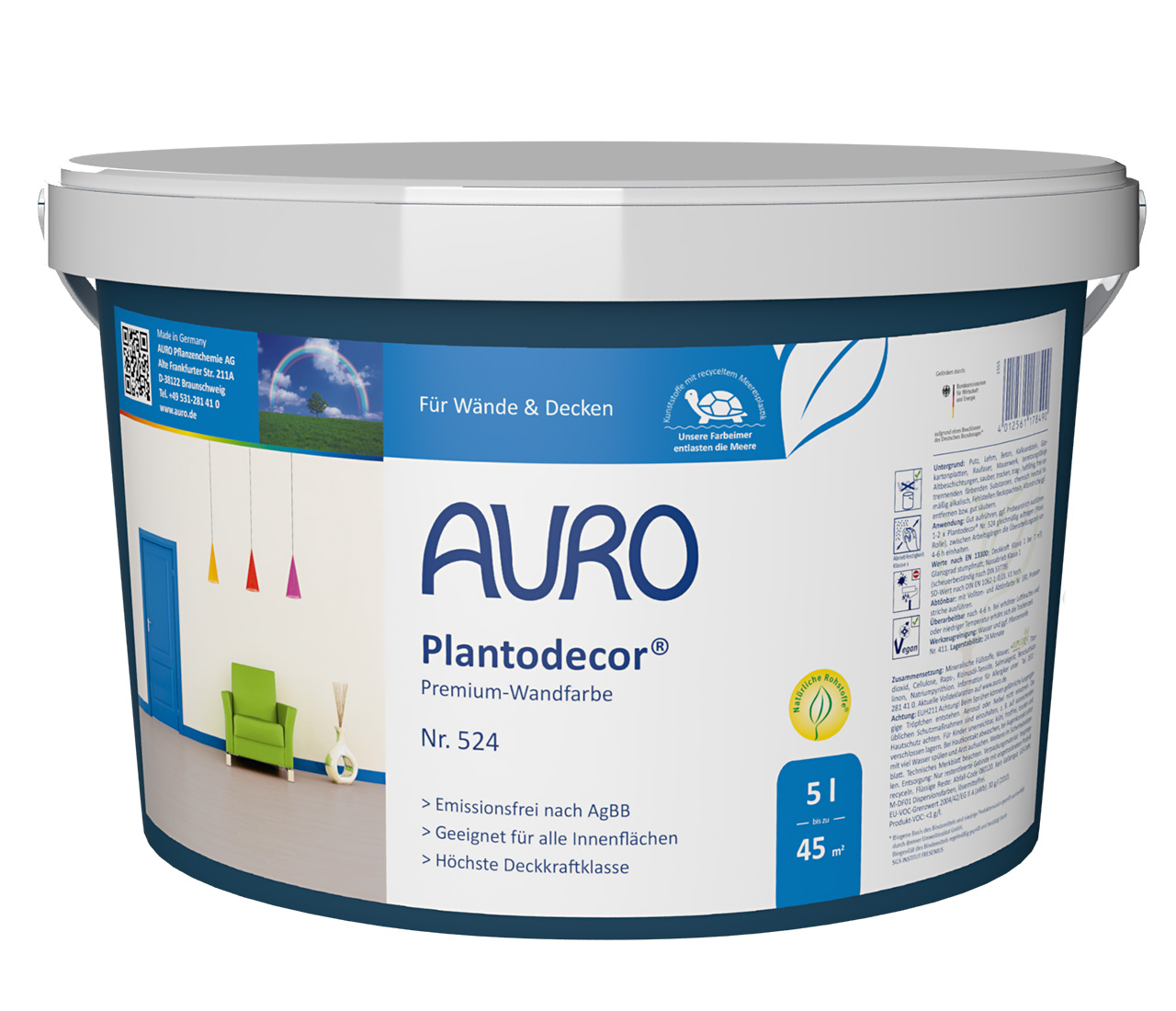 AURO Plantodecor® No. 524 Duvar Boyası, beyaz etiket ve test mühürleri ile 5 litrelik ambalajda