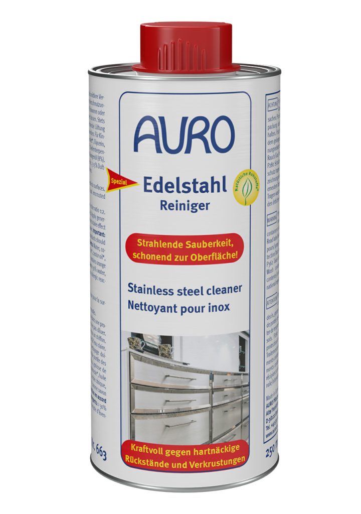 AURO Edelstahl-Reiniger No. 663, 0,25 litre teneke şişe, paslanmaz çelik yüzeyler için nazik, "iyi" notuyla test edilmiş.