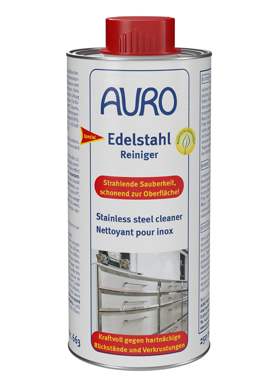 AURO Edelstahl-Reiniger No. 663, 0,25 litre teneke şişe, paslanmaz çelik yüzeyler için nazik, "iyi" notuyla test edilmiş.