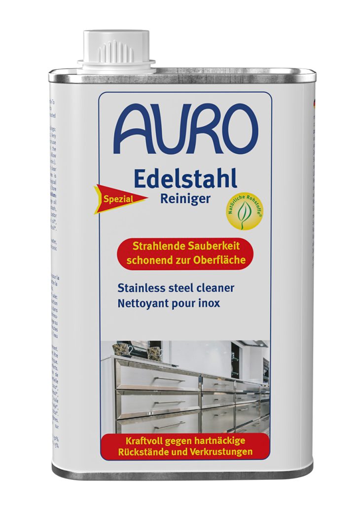 AURO Edelstahl-Reiniger No. 663, 0,5 litre teneke şişe, paslanmaz çelik yüzeyler için nazik, "iyi" notuyla test edilmiş.