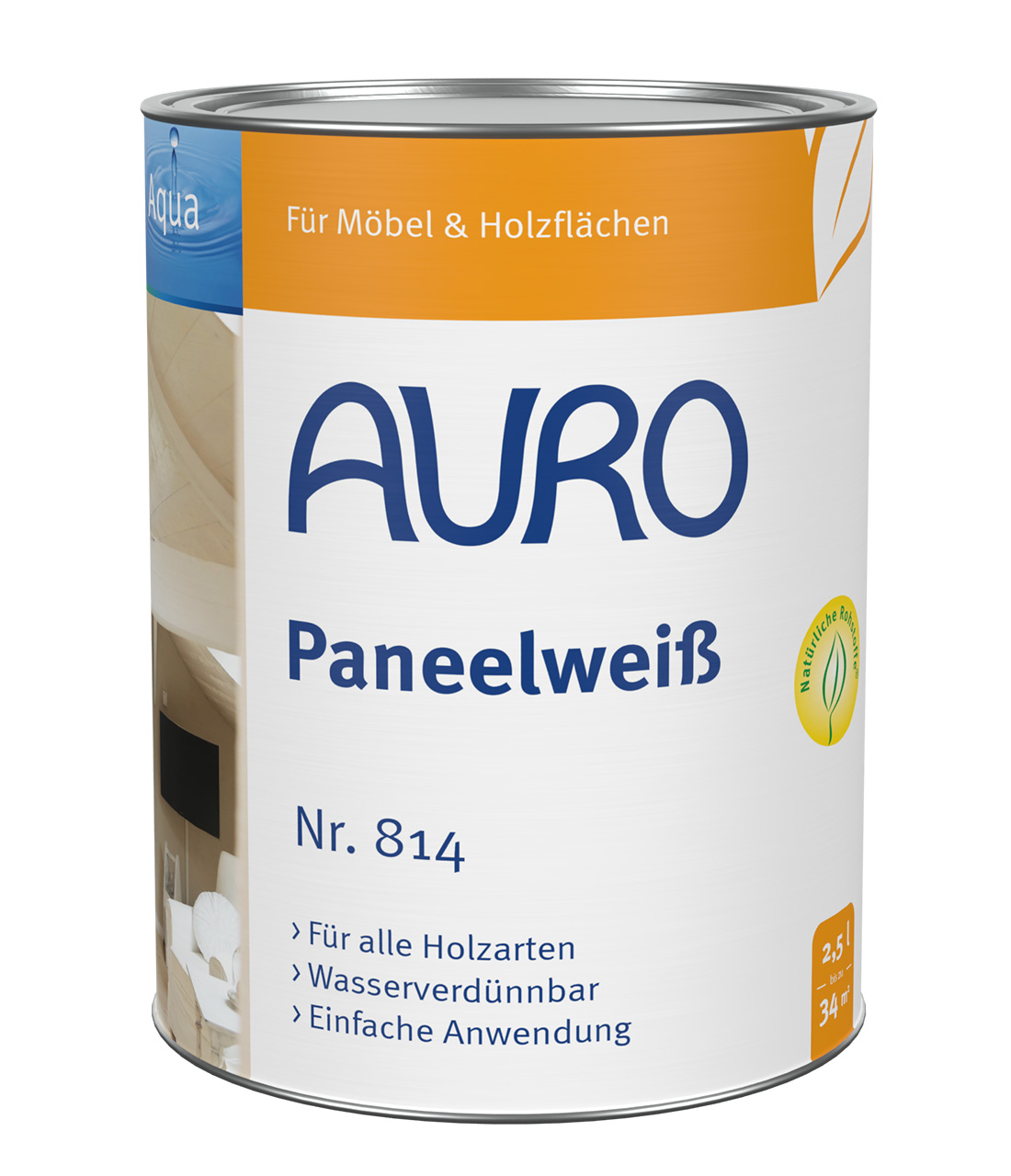AURO Panel Beyazı No. 814 2,5 litrelik ambalaj, yüksek pigmentli, solvent içermez ahşap lazuru, DIN EN 71 oyuncak için uygun.