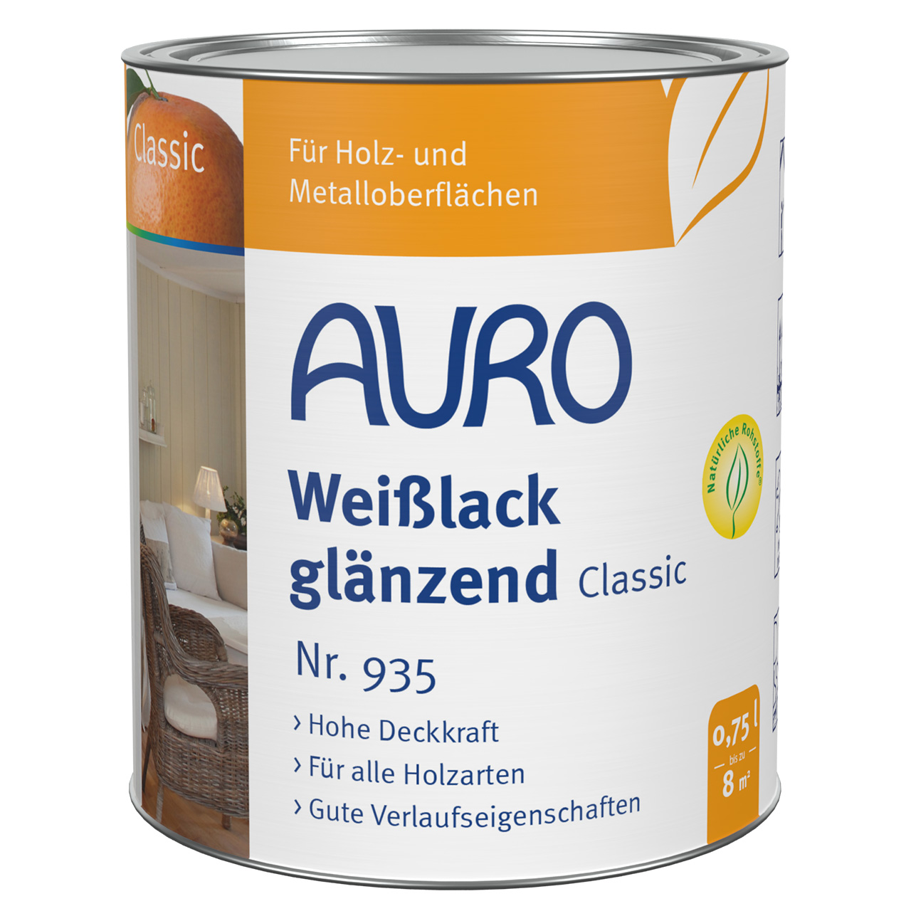 AURO Beyaz Lake Classic No. 935, 0,75 litre kutu, ahşap ve demir metal için parlak son kat lake, iç ve dış mekan.