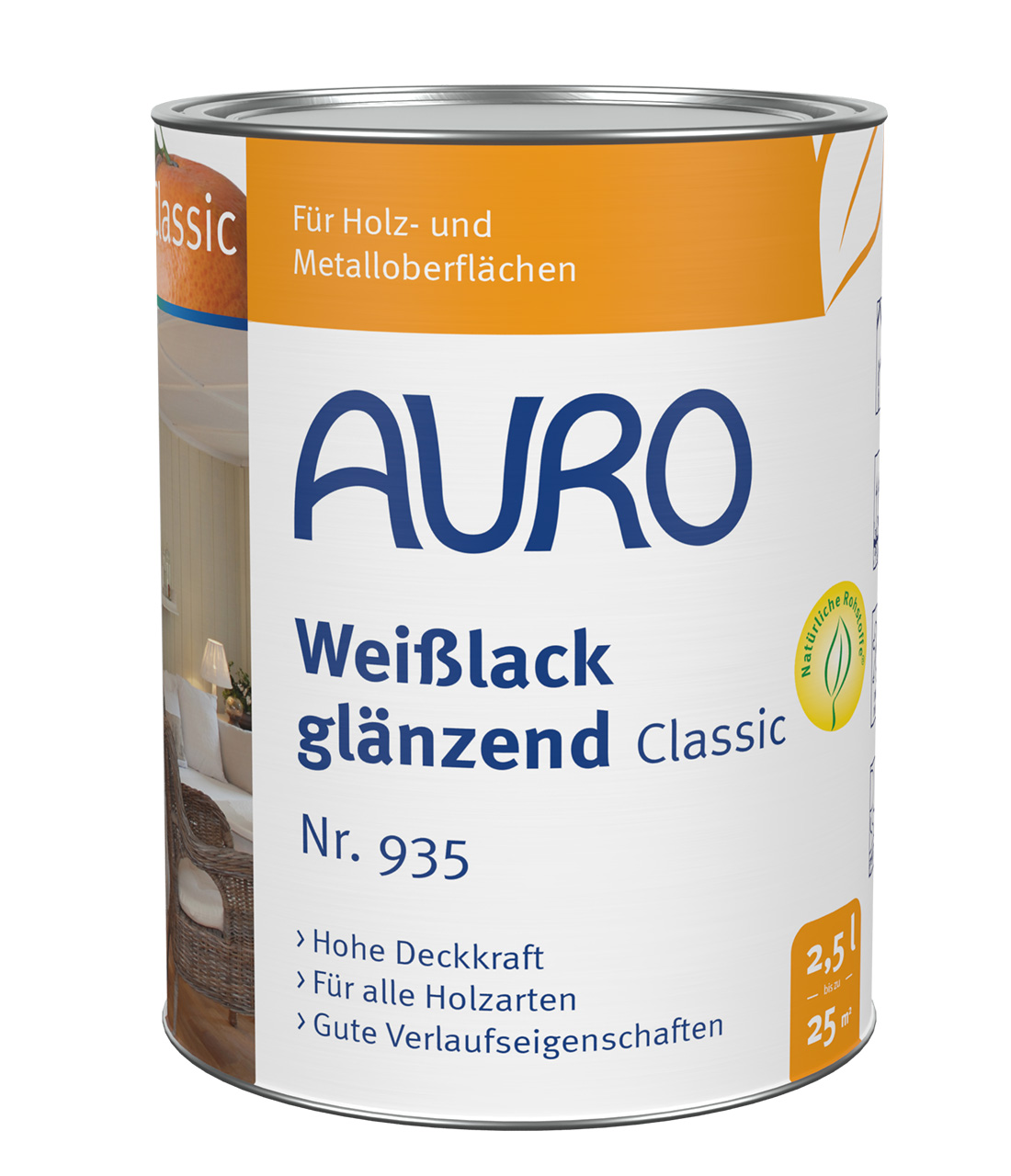 AURO Beyaz Lake Classic No. 935, 2,5 litre kutu, ahşap ve demir metal yüzeyler için parlak beyaz son kat lake, iç ve dış mekan.
