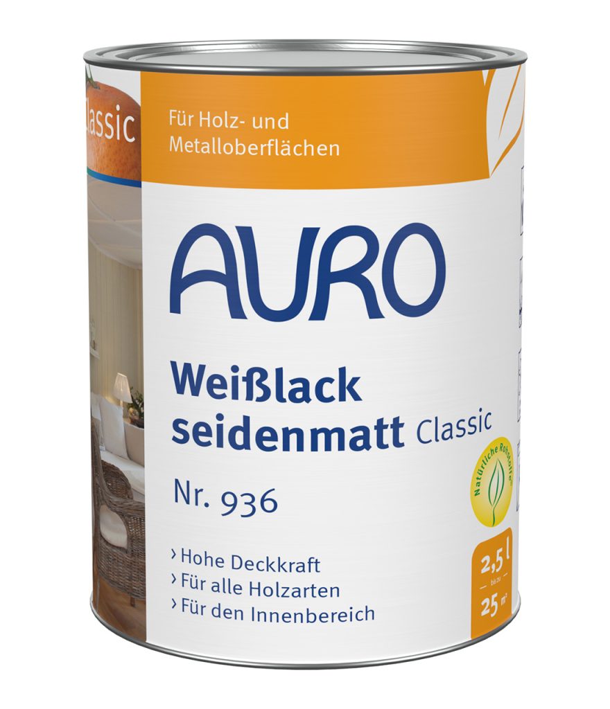 AURO Beyaz Lake Classic No. 936 2,5 litre kutu, ahşap ve demir metal için ipek mat beyaz son kat lake.