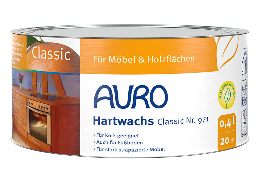 AURO Hartwachs Classic No. 971, 0,4 litrelik kutu, arı ve bitki mumu, ipeksi mat, ahşap, linolyum, mantar ve kil karolar için.